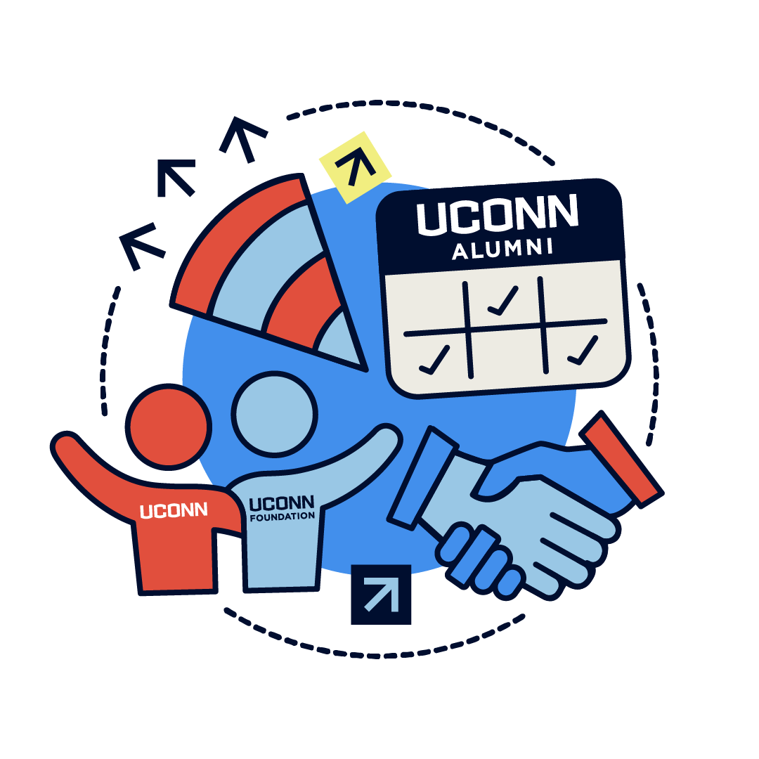 The Alumni Ambassador logo featuring graphics of a UConn calendar and shaking hands