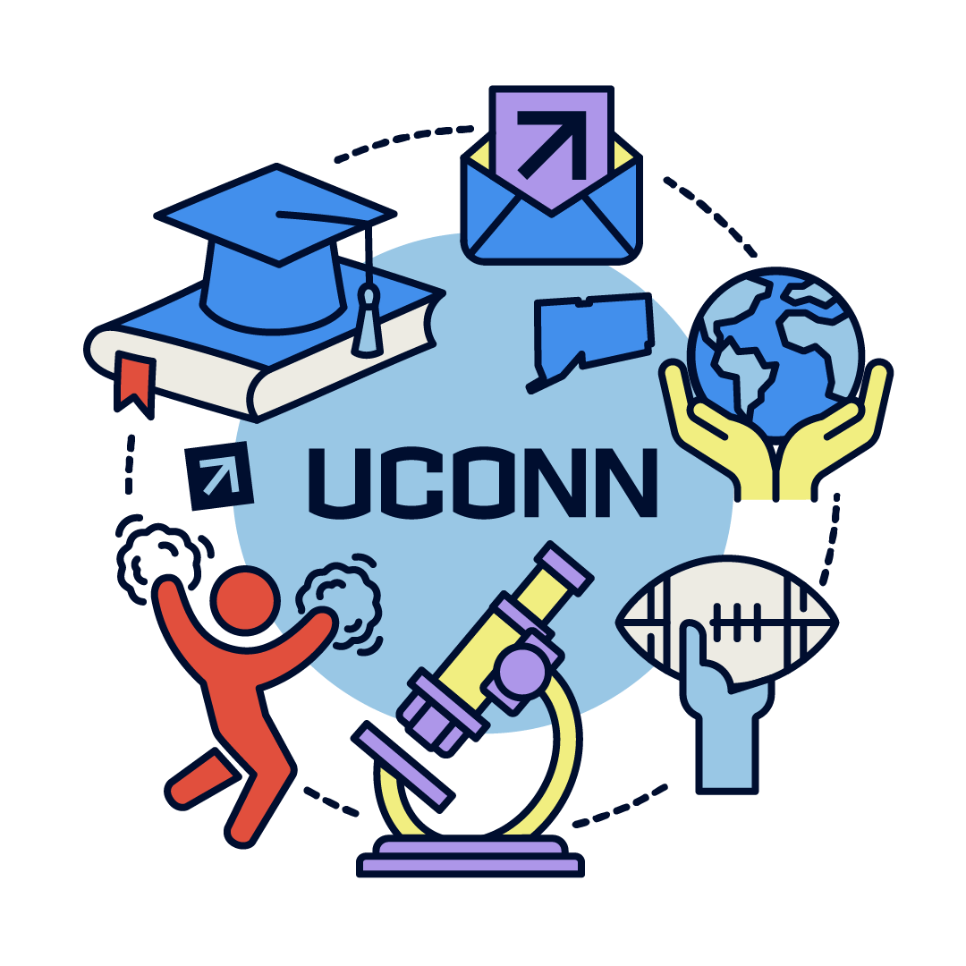 A logo with the UConn lettering in the center, featuring a football, a globe, a graduation cap, a book, and other graphics