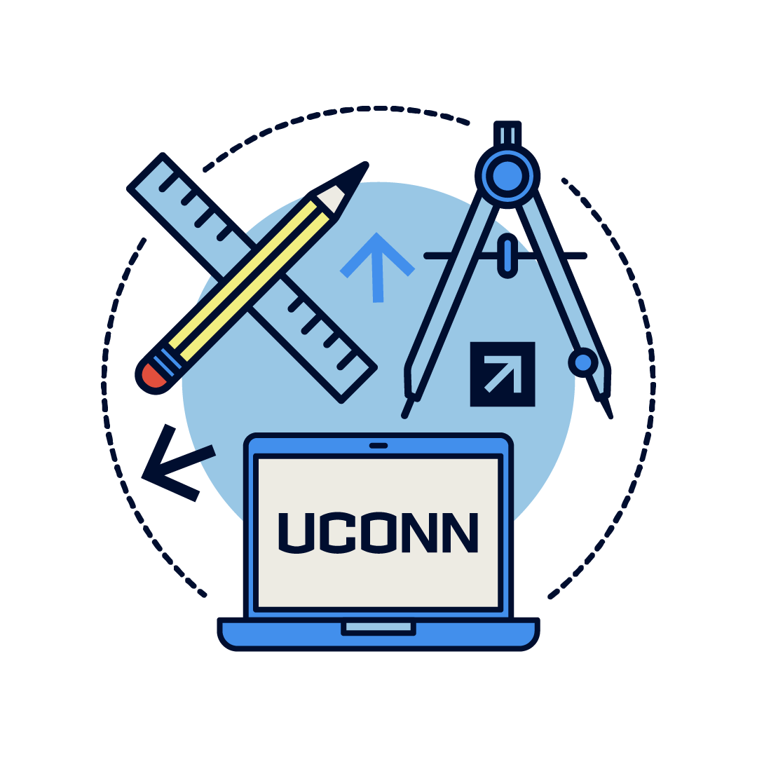 Babbidge Bookworm logo featuring a pencil and ruler graphic and a computer with "UConn" on the screen