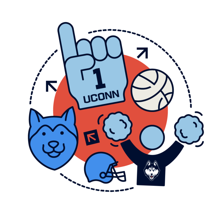 The Fanatic Fan logo featuring a graphic of a fan with pom poms, a husky face, and a foam finger