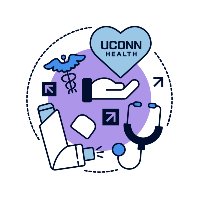Healthcare Hero logo featuring graphics of a helping hand, the UConn Health logo in a heart, and a stethoscope
