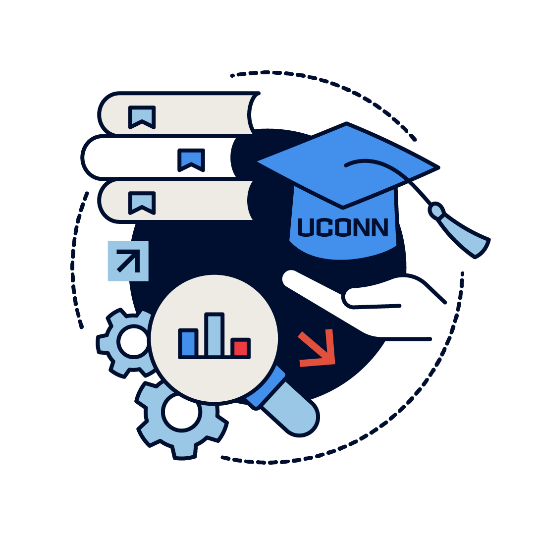 Husky Helper logo featuring graphics of books and a UConn grad cap