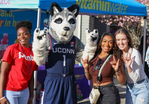 SeniorSendOff2024_04262024-06 Students at the Senior Send-Off posing for a picture with Jonathan the mascot