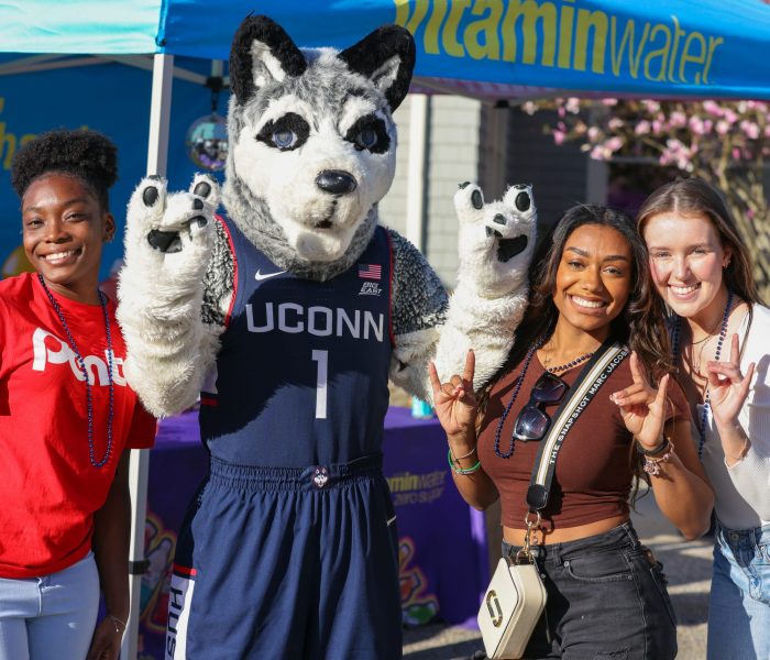 SeniorSendOff2024_04262024-06 Students at the Senior Send-Off posing for a picture with Jonathan the mascot