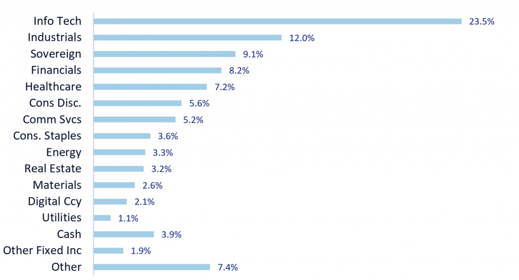 A bar chart showing long-term investment portfolio by sector. The chart shows each of 16 sectors by percent. Info tech is the largest sector at 23.5%.