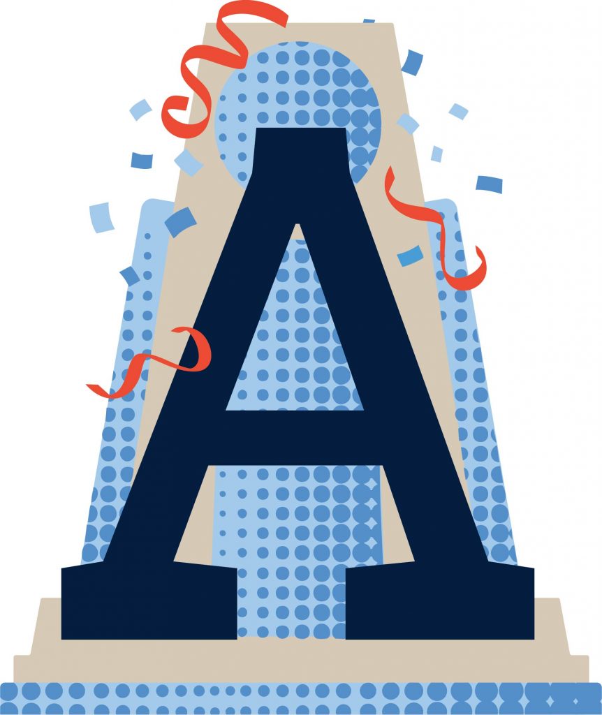 A large, stylized letter "A" appears in front of a blue polka-dotted background shaped like a basketball trophy. Red streamers and blue confetti surround the letter, giving a celebratory feel.