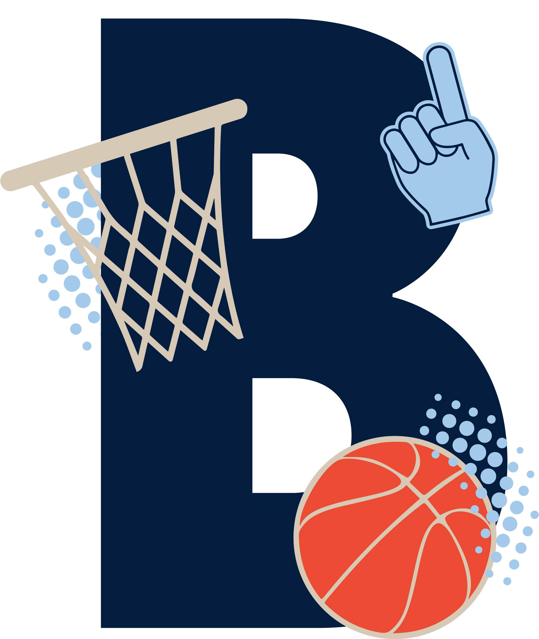 A bold letter "B" with basketball-themed elements: a basketball hoop on the top left, a basketball at the bottom right, and a foam finger pointing upward near the top right. Blue polka dots add texture to the design.