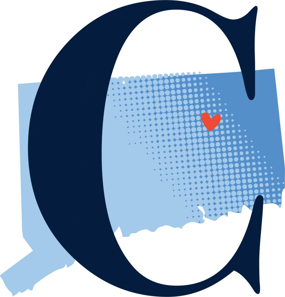 A dark blue letter "C" overlays a light blue map outline of the state of Connecticut. A small red heart marks the location of Storrs.