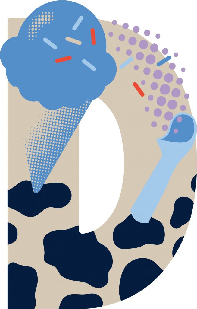 A large letter "D" decorated with a blue ice cream cone with sprinkles, a blue scoop, and a cow-print pattern at the bottom, symbolizing the dairy bar.