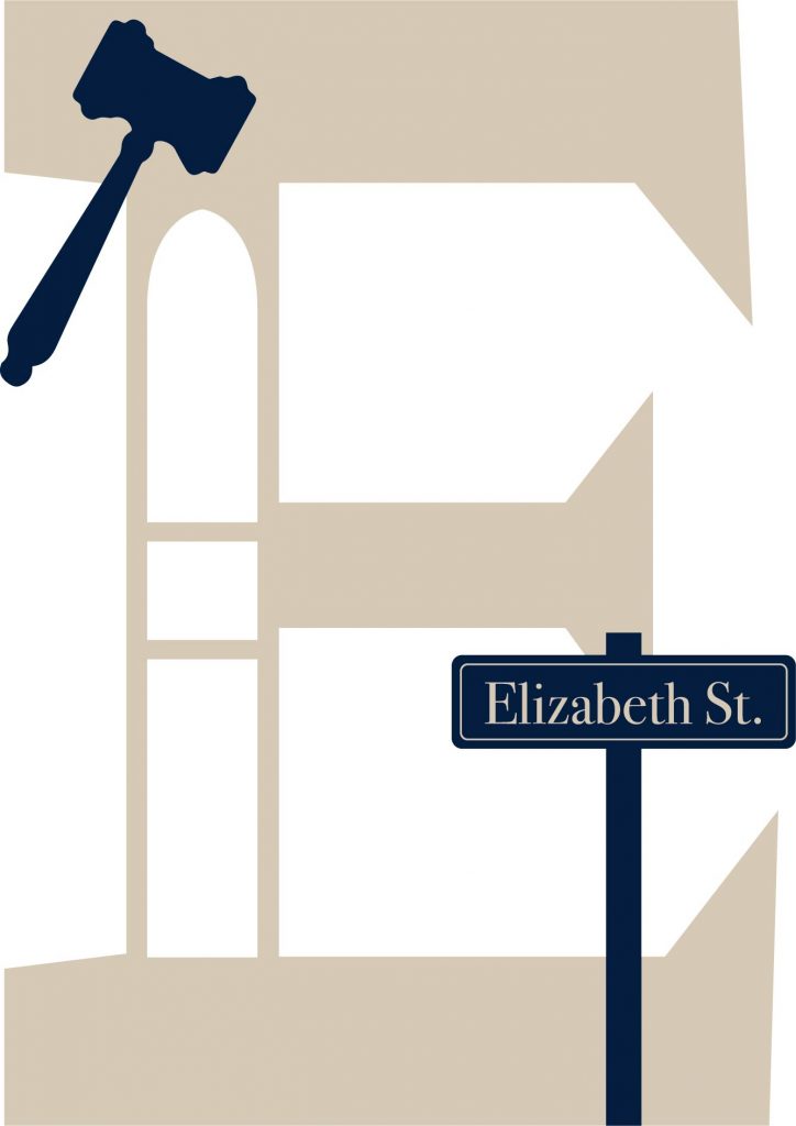 A block-style letter "E" featuring a judge’s gavel at the top and a street sign labeled “Elizabeth St.” at the bottom.