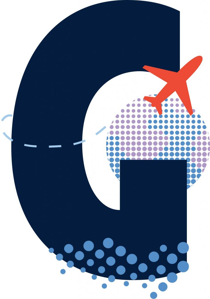 A bold letter "G" with a red airplane flying around it, leaving a dotted trail and circling a stylized globe.
