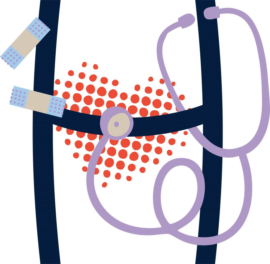 A large letter "H" featuring a stethoscope, red dots forming a heart shape, and a couple of adhesive bandages, symbolizing healthcare.