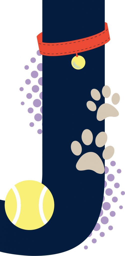 A large letter "J" with a red dog collar, a yellow tennis ball, paw prints, and a dotted background.
