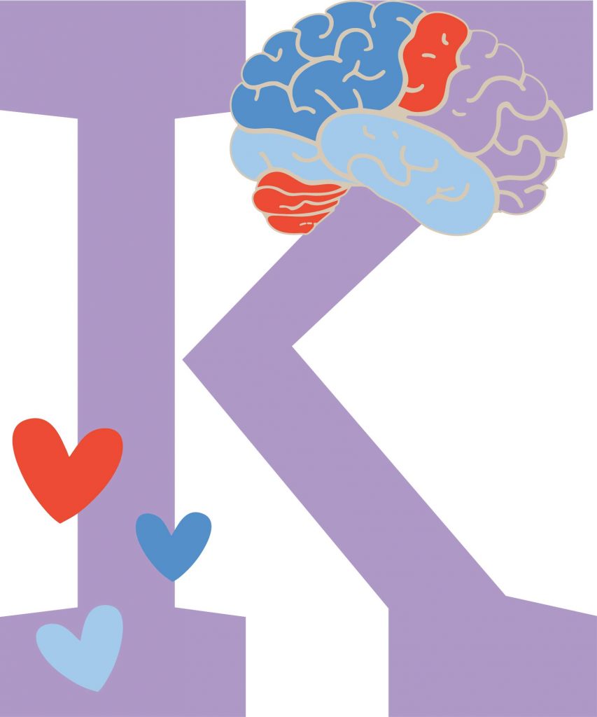 A large purple letter "K" features a stylized brain illustration in blue, red, and light blue resting on its top right. Three hearts in red and blue shades float to the left side of the "K."
