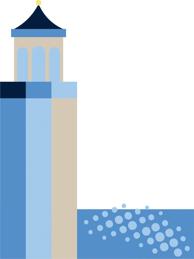 A stylized lighthouse composed of rectangular and column shapes in shades of blue and tan stands beside splashing water, represented by light blue circular bubbles on the lower right.