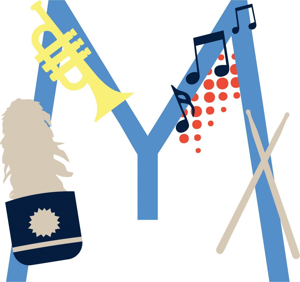 A large light blue letter "M" is decorated with music-themed items: a yellow trumpet, blue and red music notes, a feathered marching band hat, and a pair of beige drumsticks forming an “X.”