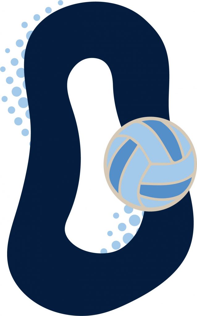 A dark navy blue letter "O" is designed with a white center and light blue dotted splashes. A light blue and navy volleyball is embedded on the lower right of the letter to represent Oozeball.