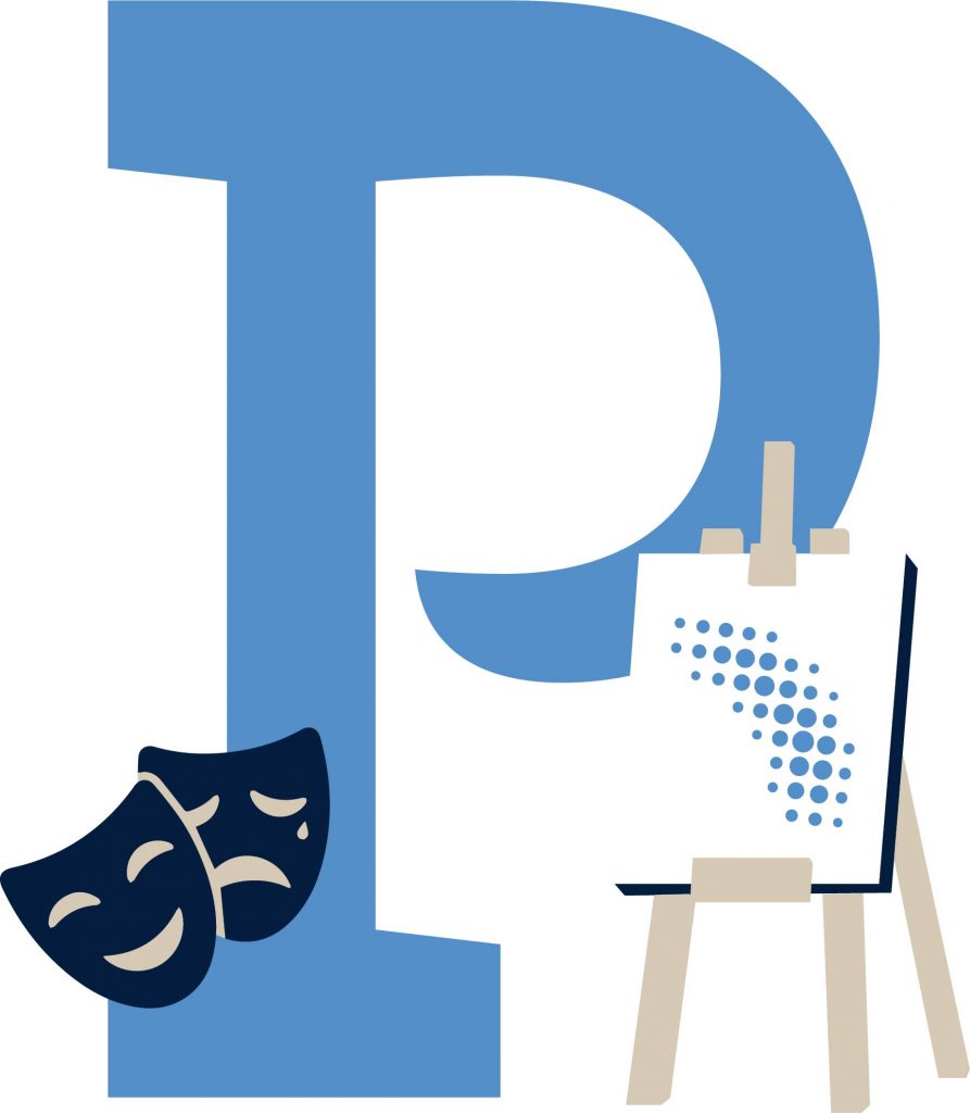 A large blue letter "P" features two navy theatrical masks (one happy, one sad) on the left, and a canvas on an easel with blue dotted artwork.