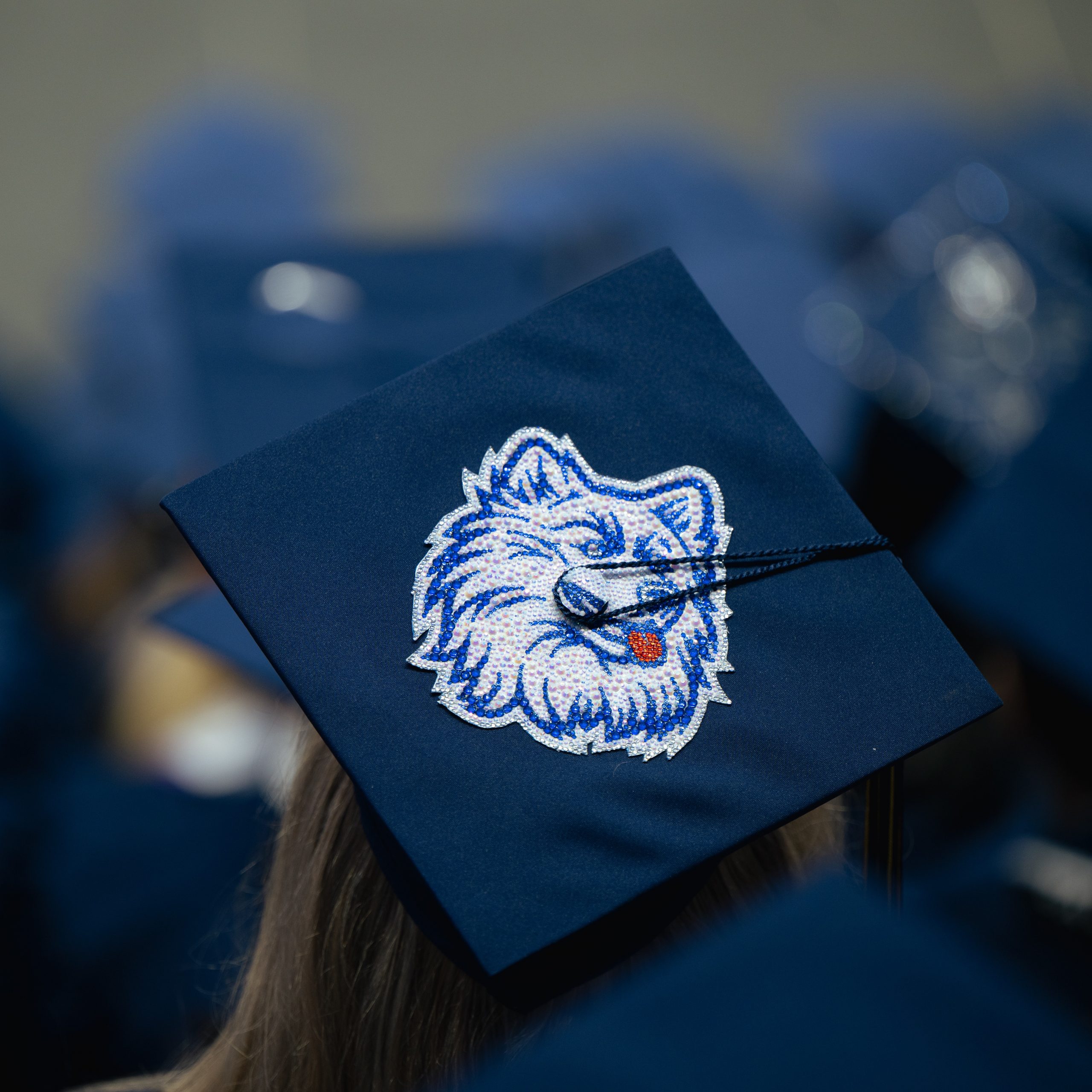 A close-up view of a navy blue graduation cap featuring the embroidered early 2000s UConn Husky logo. The tassel is draped across the center of the logo. Other graduates wearing similar caps can be seen blurred in the background