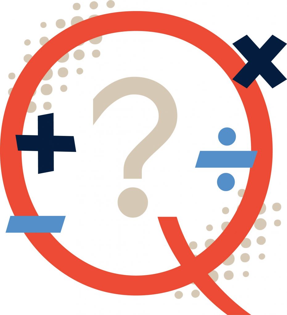 Stylized red letter "Q" surrounding a beige question mark, with math symbols including plus, minus, multiplication, and division signs in blue and black, and beige dots scattered in the background.