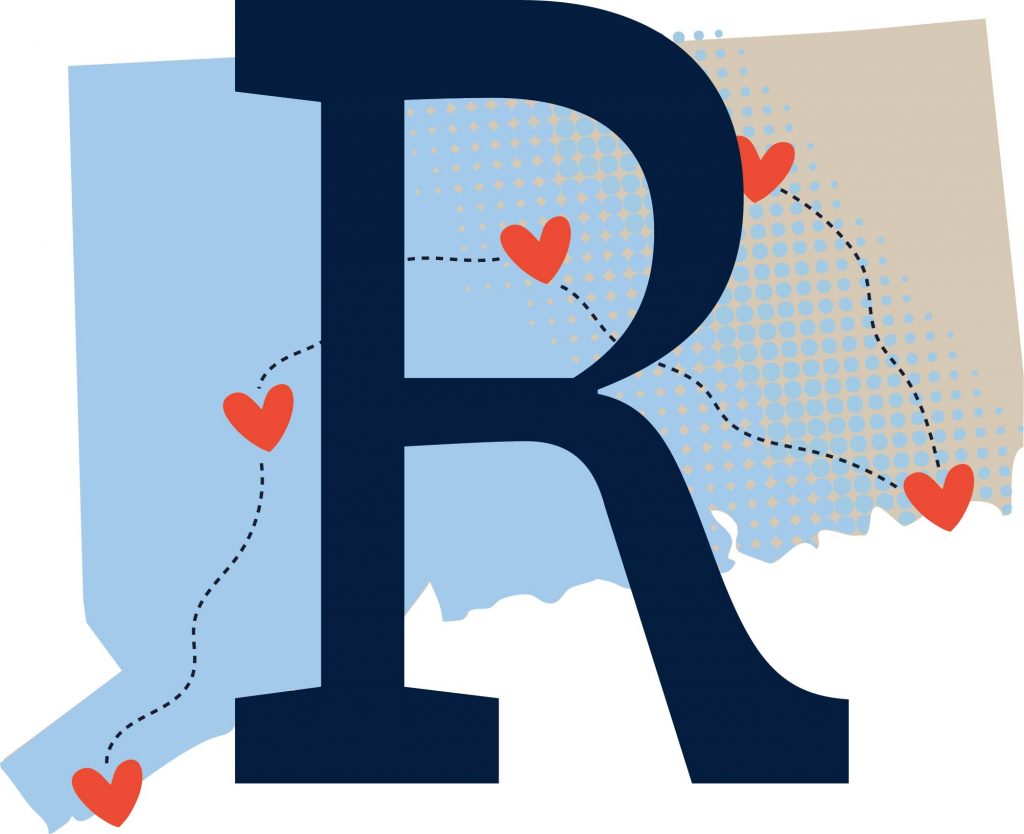 Large dark blue letter "R" placed over a map outline of Connecticut, with a dotted path connecting red heart icons across the state, where each regional campus is located.