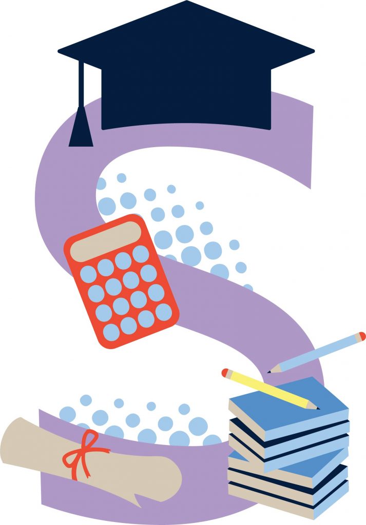 Purple letter "S" decorated with a black graduation cap on top, a red calculator, a diploma scroll with a red ribbon, stacked blue books, and pencils.