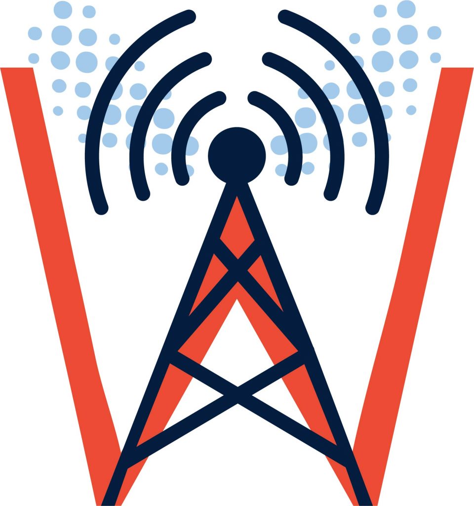 Red and navy letter "W" with a large broadcasting tower in the center, emitting signal waves upward, surrounded by clusters of blue dots.