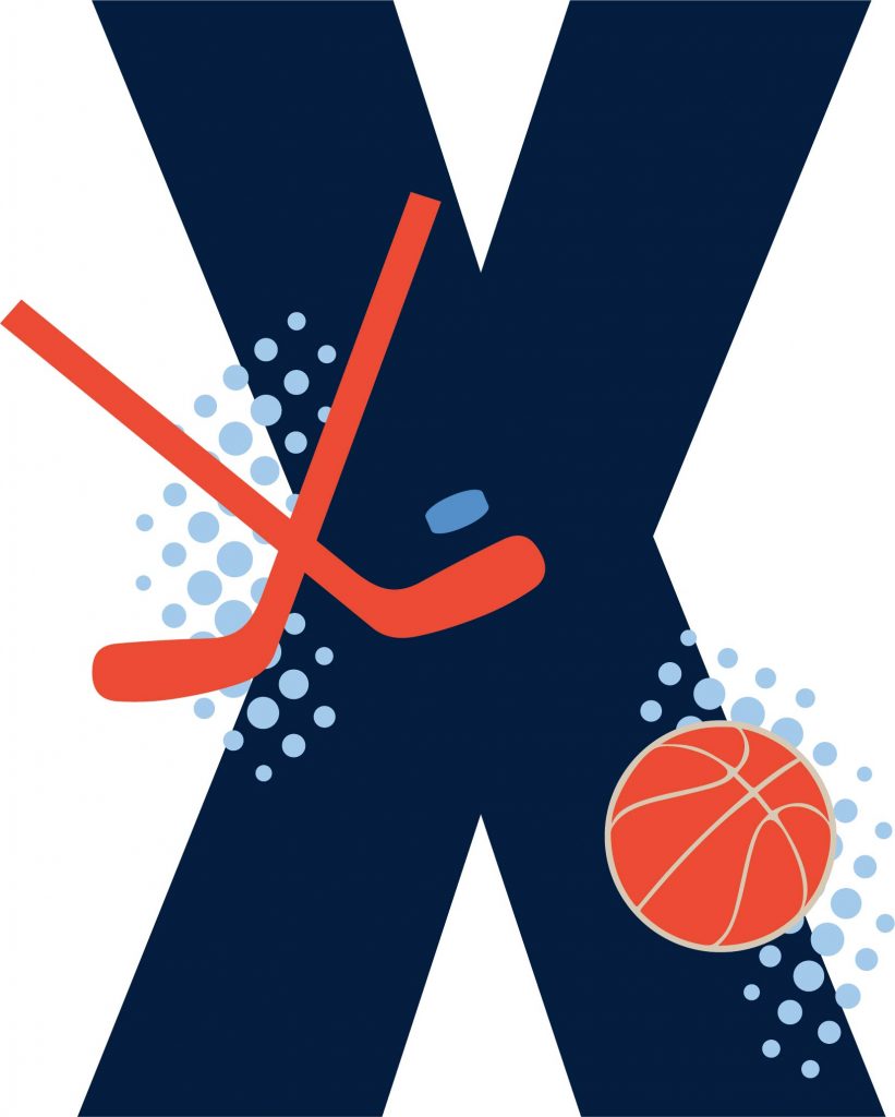 Dark blue letter "X" overlaid with a red hockey stick and puck on one side and an orange basketball on the other, with light blue dots scattered throughout.