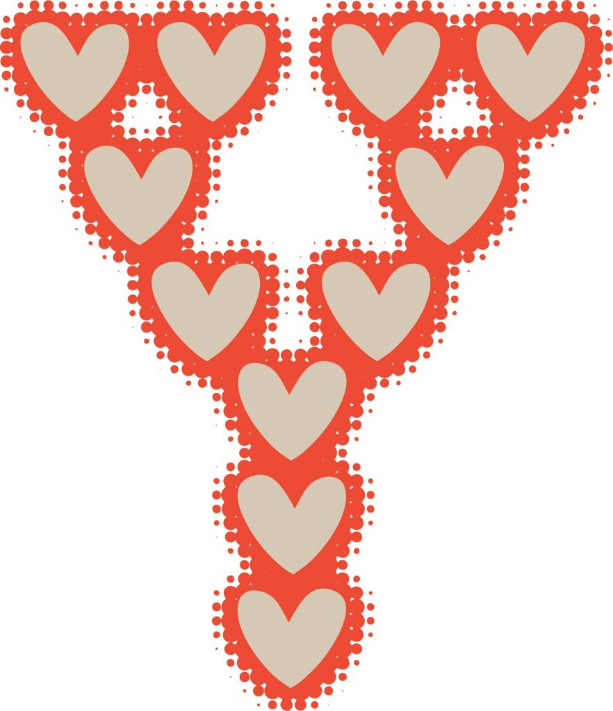 Letter "Y" formed entirely by beige hearts outlined in red, with a dotted red border surrounding each heart.
