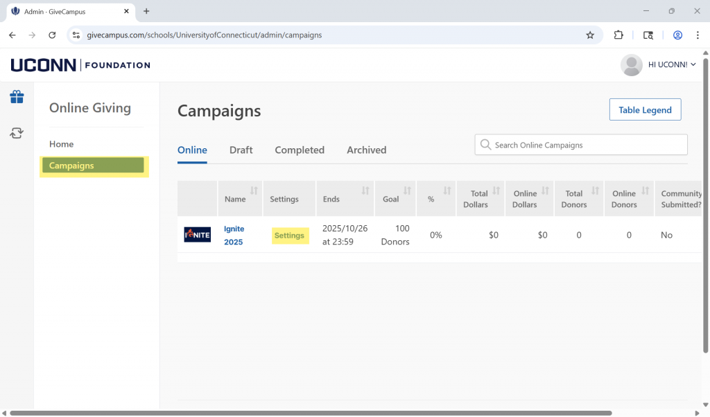 A screengrab of the GiveCampus dashboard with "Campaigns" and "Settings" highlighted