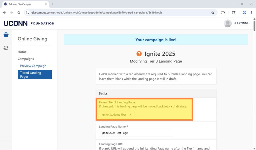 A screengrab of the GiveCampus landing page tool with a highlighted box around the Parent Tier 2 Landing Page Section.