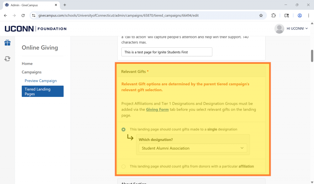 A screengrab of the GiveCampus landing page tool with a highlighted box around the Relevant Gifts section.