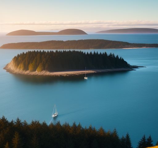 The San Juan islands with tall evergreen trees surrounded by turquoise water, with two sailboats sailing