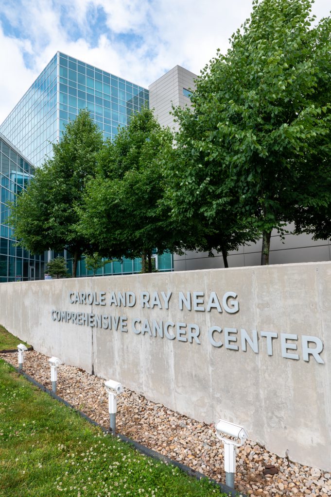 Views of the Carole and Ray Neag Comprehensive Cancer Center sign at the Outpatient Pavilion