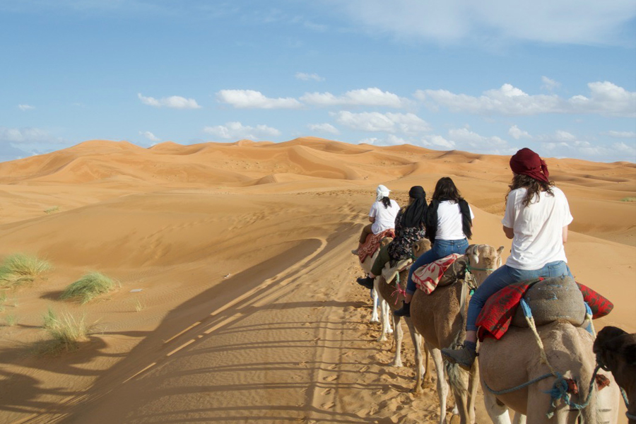 A group of travelers riding on camels  through a desert