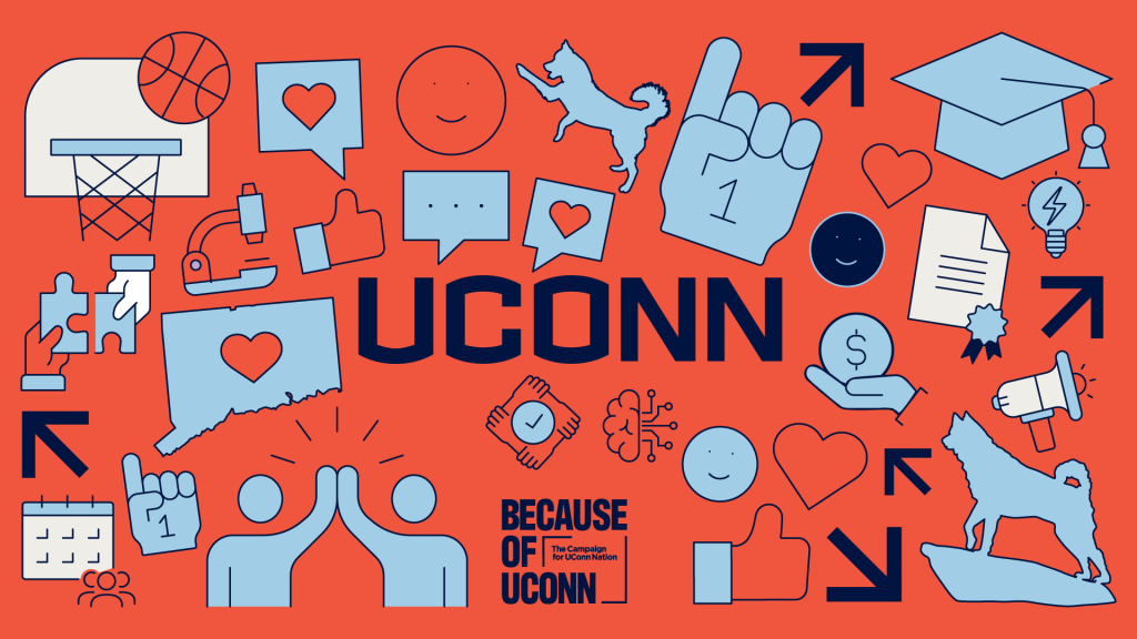 Red background with various blue and red icons including a basketball hoop, foam finger, graduation cap, husky silhouettes, hearts, and speech bubbles. Large blue text in the center reads “UCONN,” and the Because of UConn logo is featured at the bottom.
