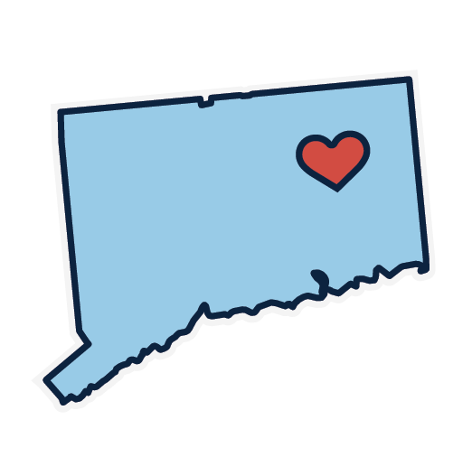 Light blue outline of the state of Connecticut with a small red heart near the center.