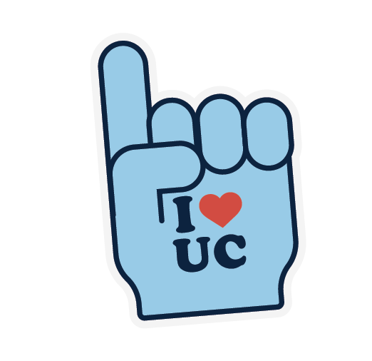 Light blue foam finger with the index finger pointing up and text that reads “I heart UC” in dark blue and red.