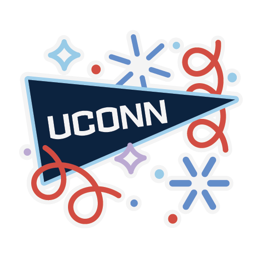 Dark blue pennant with the word “UCONN” in white, surrounded by colorful confetti and starburst shapes in red, blue, and purple.