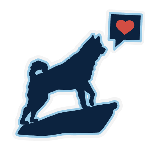 Dark blue silhouette of the Jonathan the Husky statue standing on a base, with a speech bubble containing a red heart.