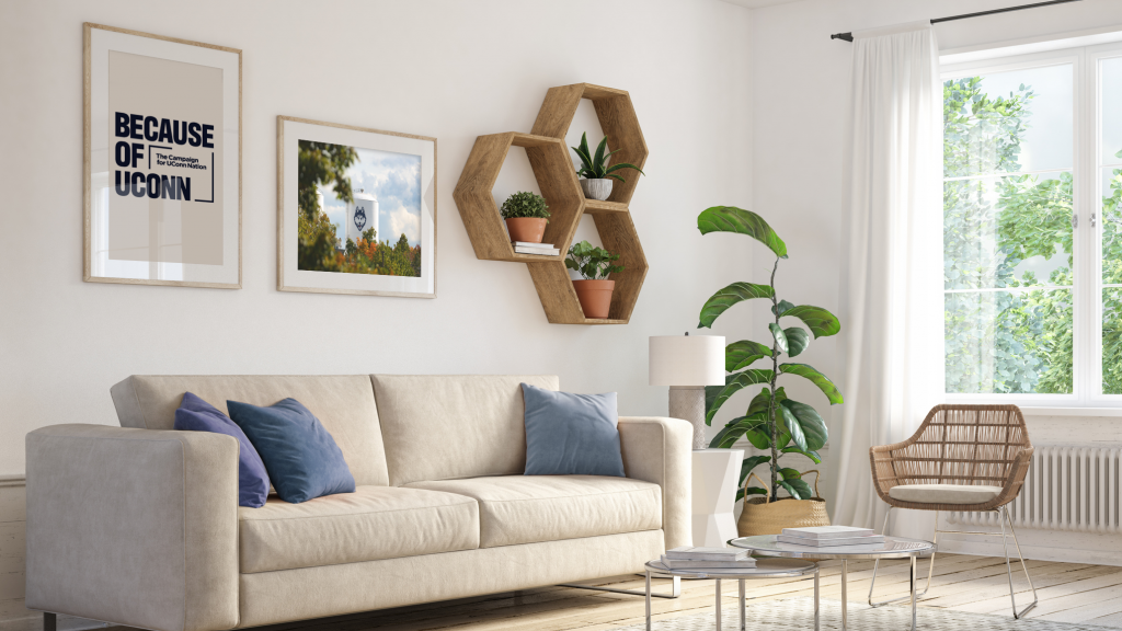 Bright living room with beige sofa, blue pillows, hexagonal shelves with plants, framed UConn art, and large window with greenery outside.