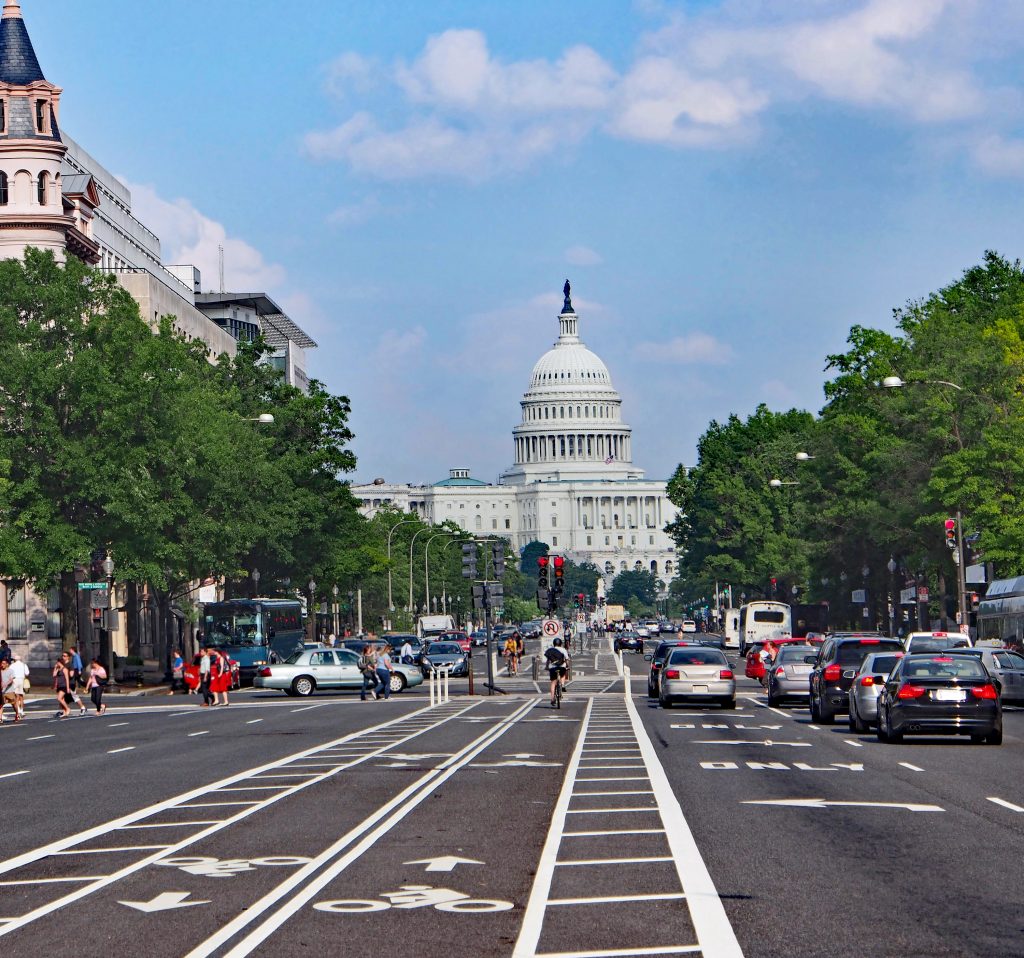 Constitution Avenue in Washington, DC, heading towards the Capitol building