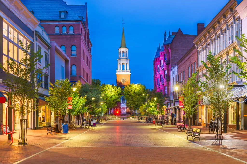 The Church Street Marketplace in Burlington, Vermont lit up at night