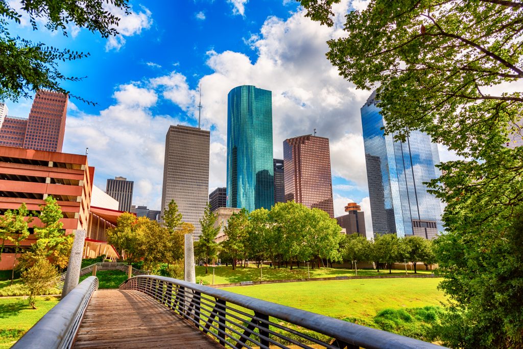 A pedestrian bridge crossing the Buffalo Bayou into downtown Houston