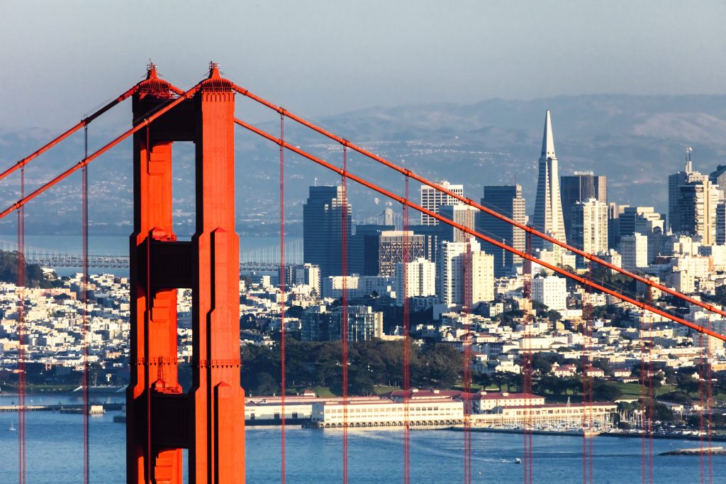 San Francisco city skyline from San Francisco Headlands and Golden Gate bridge