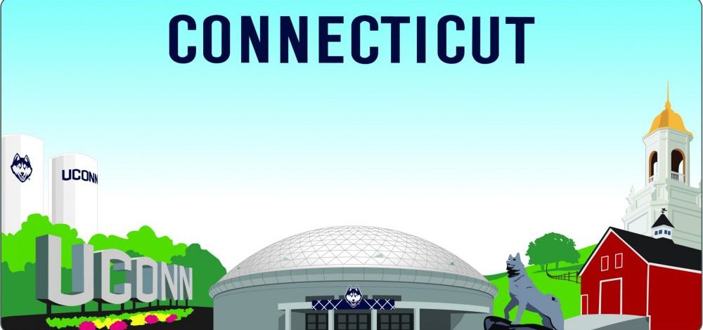 UConn-CTLicense-Plate-Campus Connecticut license plate design with a light blue sky background. The word ‘CONNECTICUT’ appears at the top in dark blue. Along the bottom are illustrated UConn campus landmarks, including water towers with the Husky logo, large ‘UConn’ signage with flowers, the dome of Gampel Pavilion, a husky statue, a red barn, and the Wilbur Cross Building.