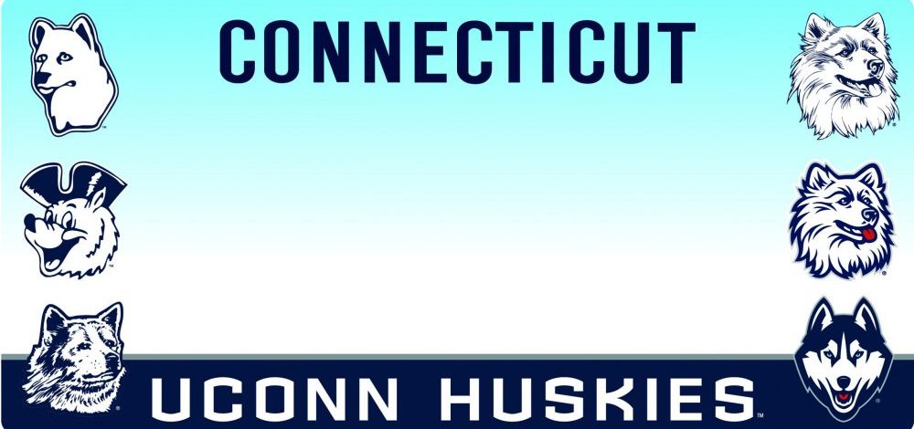 UConn-CTLicense-Plate-Husky-Heritage-large (1) Connecticut license plate design with a light blue gradient background. At the top, the word ‘CONNECTICUT’ appears in bold dark blue letters. Along the left and right edges are six illustrations of UConn Husky logos from different eras, ranging from simple line‑drawn husky heads to more detailed and modern versions. At the bottom, a dark blue band displays the text ‘UCONN HUSKIES’ in white.