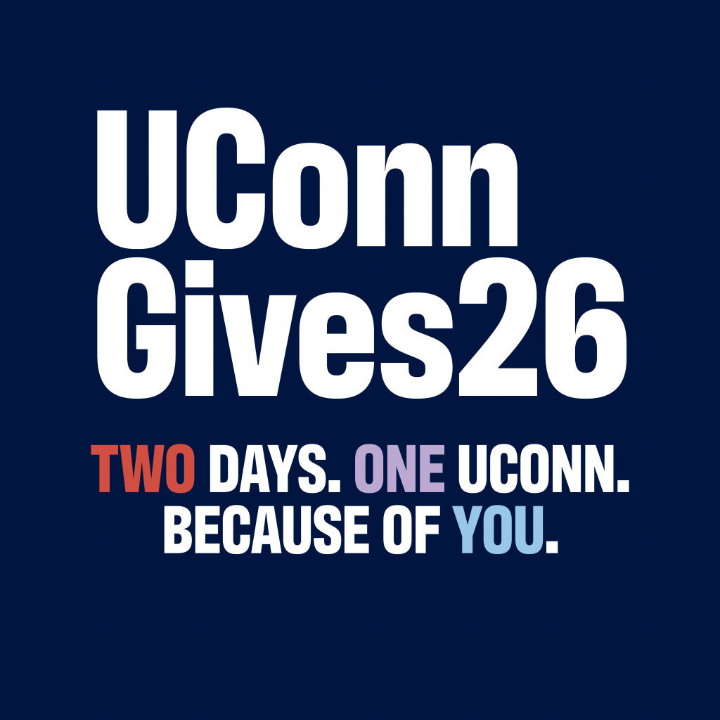 Graphic with a dark blue background featuring large white text that reads 'UConn Gives 26.' Below it, smaller text reads 'TWO DAYS.' in red, 'ONE UCONN.' in purple, and 'BECAUSE OF YOU.' in light blue.