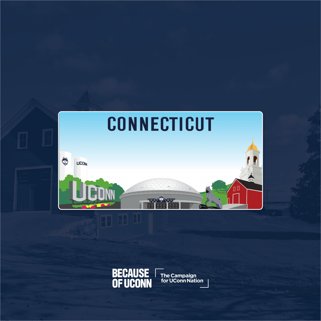 Connecticut license plate design with a light blue sky background. The word ‘CONNECTICUT’ appears at the top in dark blue. Along the bottom are illustrated UConn campus landmarks, including water towers with the Husky logo, large ‘UConn’ signage with flowers, the dome of Gampel Pavilion, a husky statue, a red barn, and the Wilbur Cross Building.