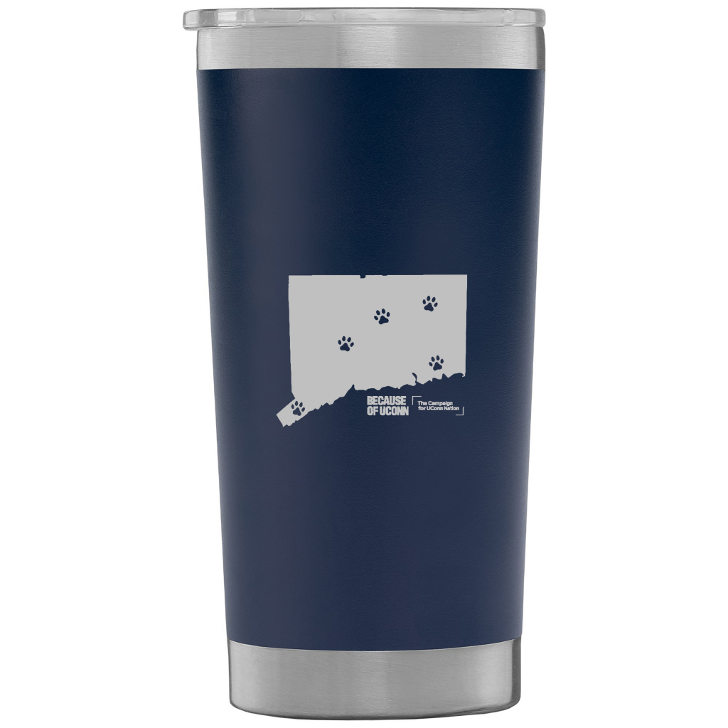 A metal tumbler with navy blue middle and an etched image of Connecticut. The image has husky pawprints at the locations of each UConn campus. The words Because of UConn the Campaign for UConn Nation are below.